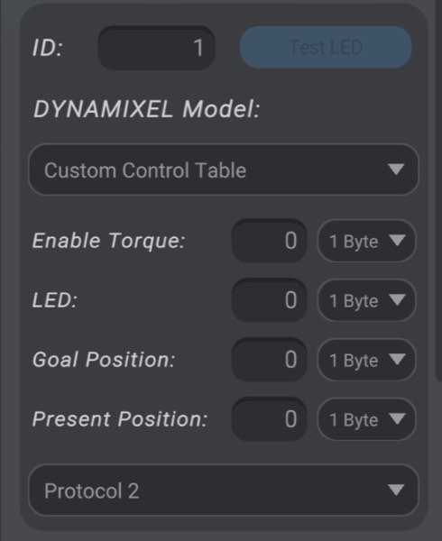 Screenshot: Virtual DYNAMIXEL actuator settings
