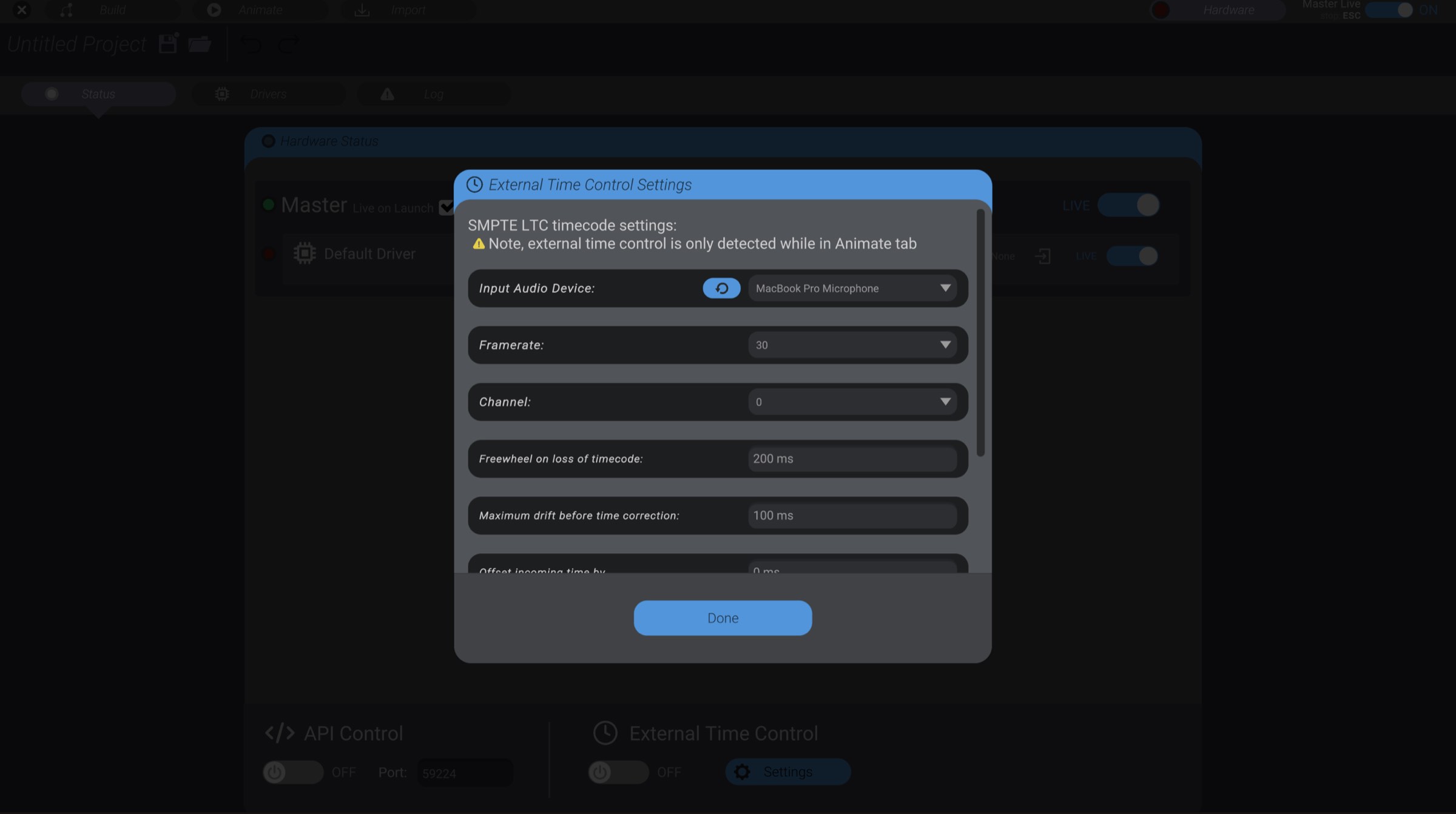 Screenshot: SMPTE LTC Settings