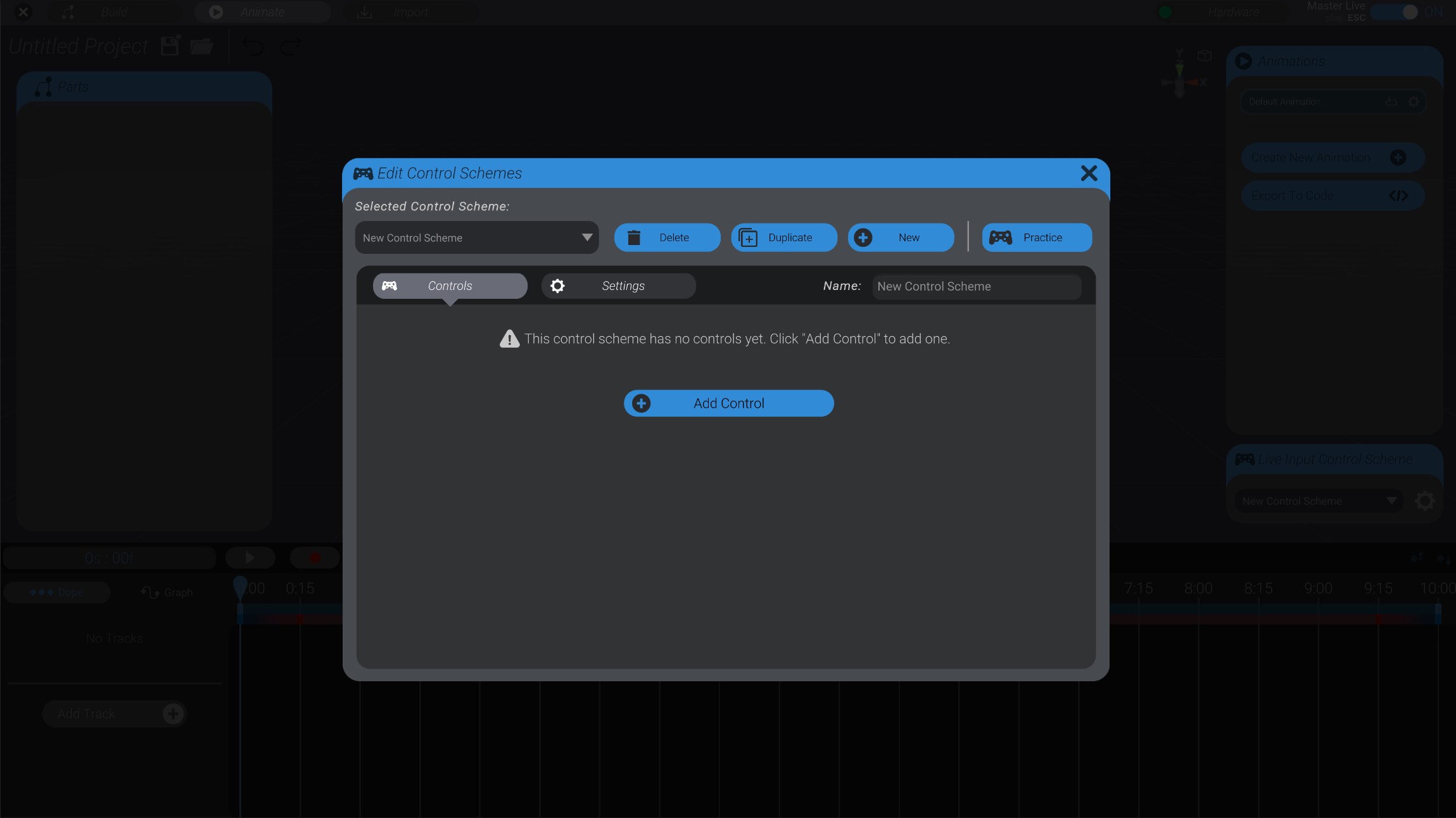 Screenshot: Getting started and setting up a Control Scheme